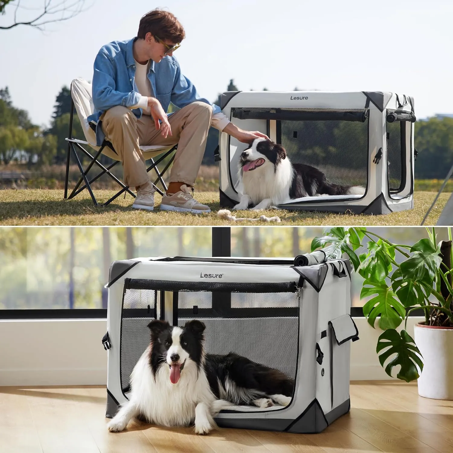 Lesure Collapsible Dog Crate - Portable Travel Kennel for Large Dog, 4-Door Pet Crate with Durable Mesh Windows, Indoor & Outdoor, Light Gray