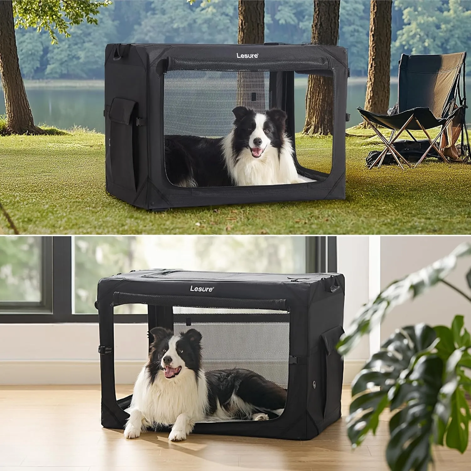 Lesure Collapsible Dog Crate - Portable Travel Kennel for Medium Dog, 4-Door Pet Crate with Durable Mesh Windows, Indoor & Outdoor, Black