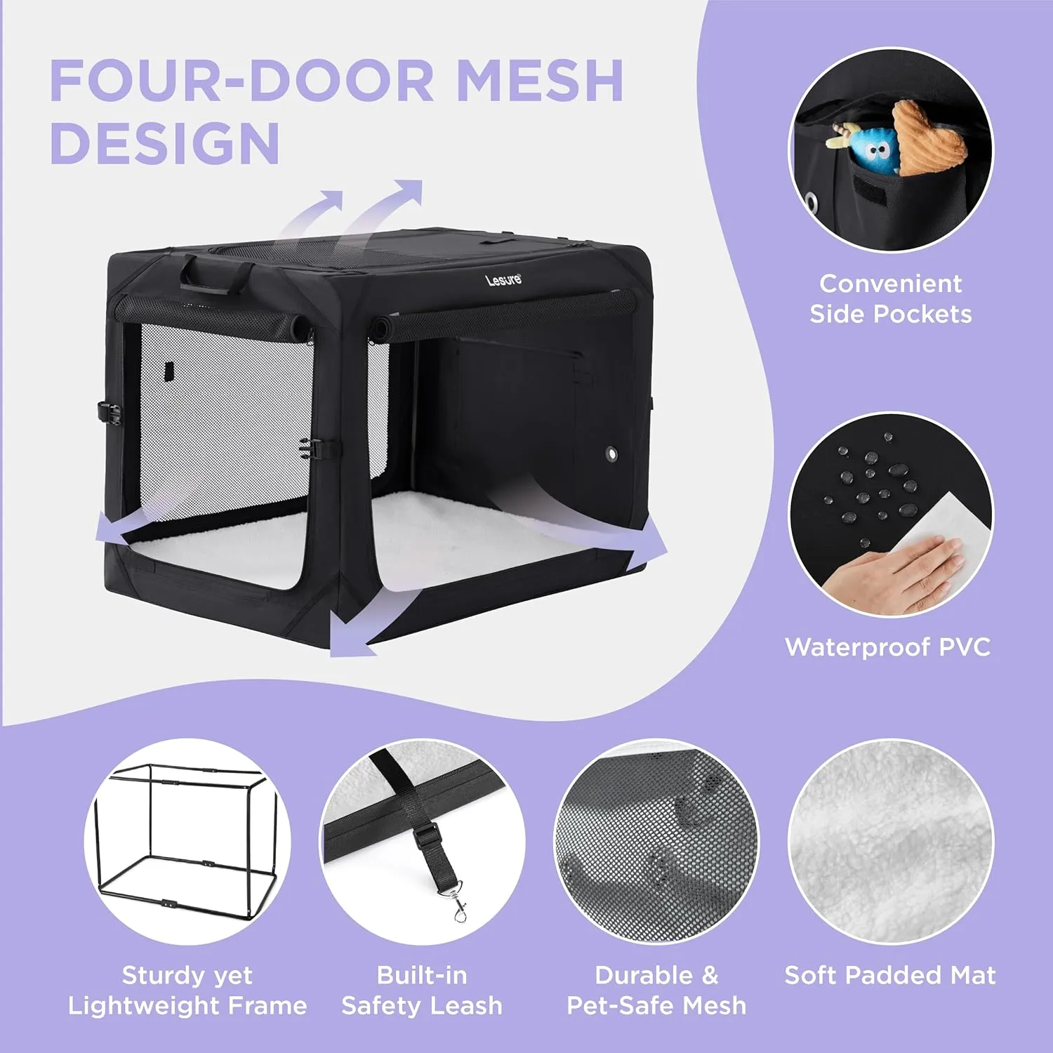 Lesure Collapsible Dog Crate - Portable Travel Kennel for Medium Dog, 4-Door Pet Crate with Durable Mesh Windows, Indoor & Outdoor, Black