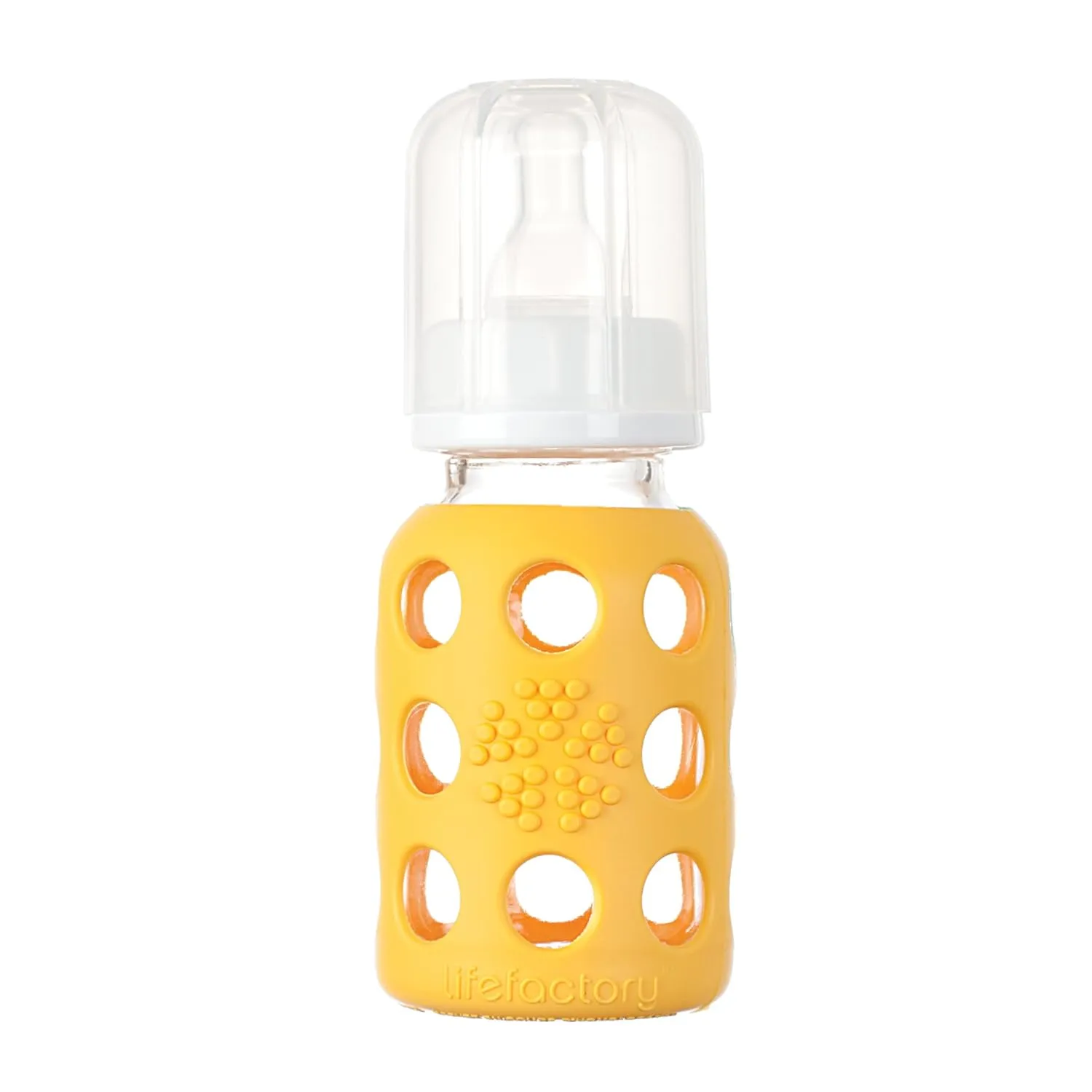 Lifefactory 4-Ounce BPA-Free Glass Baby Bottle with Protective Silicone Sleeve and Stage 1 Nipple, Yellow