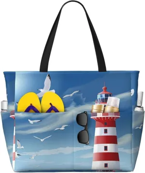 Lighthouse Seagull Beach Bag Beach Sea Pool Bag for Women Waterproof Large Travel Tote with Zipper Organizer for Swimming Vacation Essentials