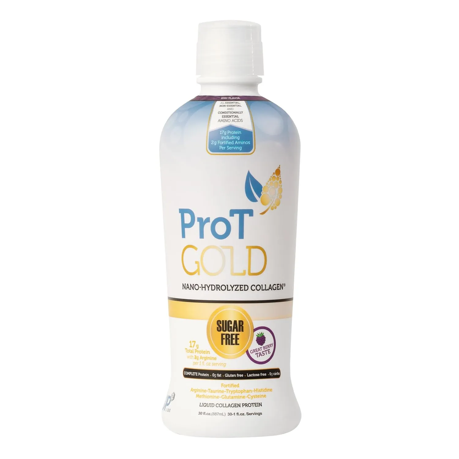 Liquid Collagen Protein Shot, 17g Clear Protein Nano-Hydrolyzed Grass Fed Collagen, 2g Arginine for Wound Support, Gluten Free, Sugar Free, 0g Carbs, Non GMO, Berry, 30 fl oz Bottle