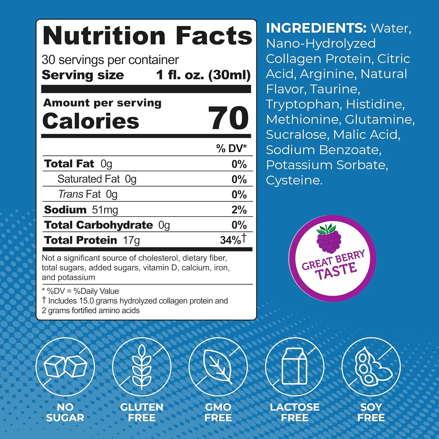 Liquid Collagen Protein Shot, 17g Clear Protein Nano-Hydrolyzed Grass Fed Collagen, 2g Arginine for Wound Support, Gluten Free, Sugar Free, 0g Carbs, Non GMO, Berry, 30 fl oz Bottle