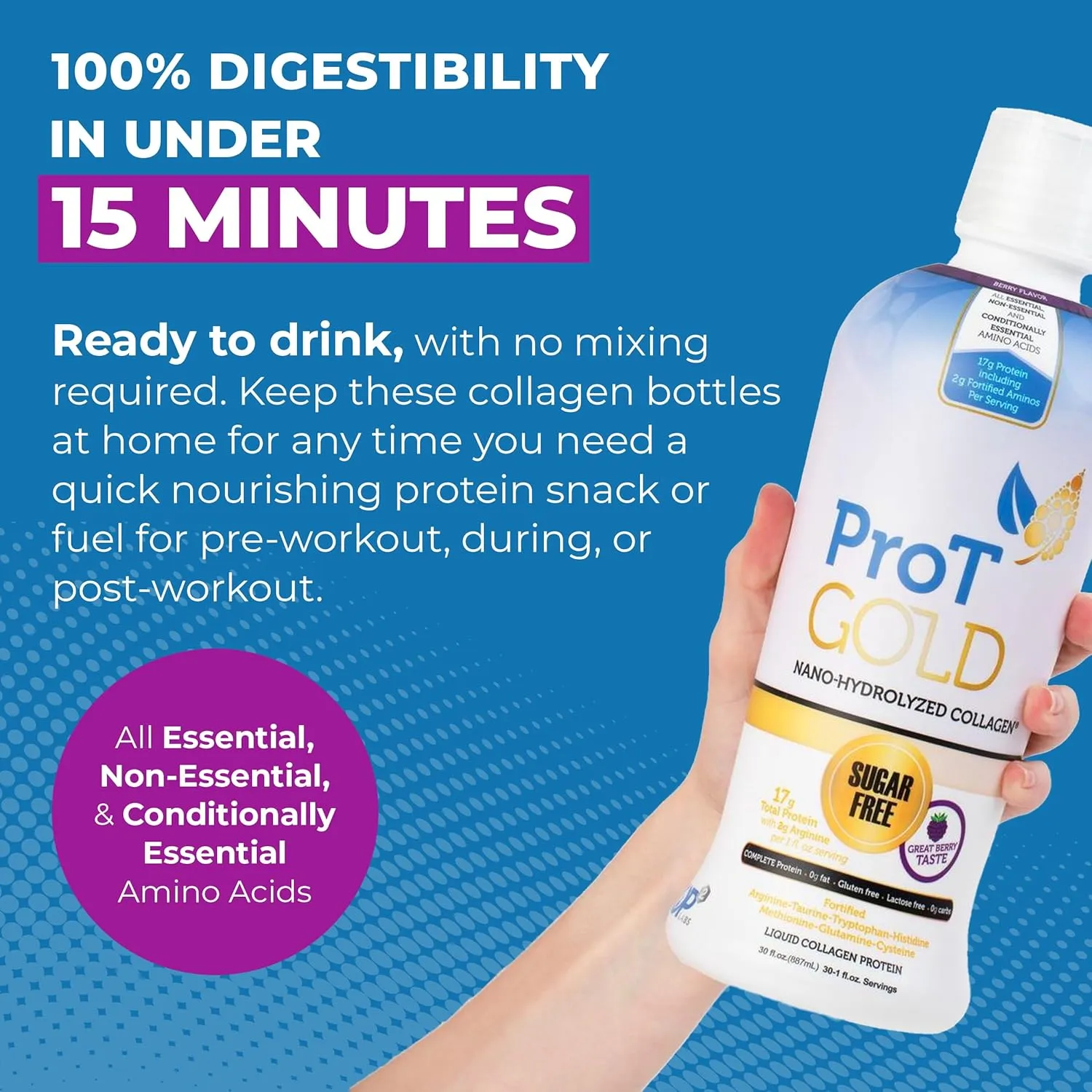 Liquid Collagen Protein Shot, 17g Clear Protein Nano-Hydrolyzed Grass Fed Collagen, 2g Arginine for Wound Support, Gluten Free, Sugar Free, 0g Carbs, Non GMO, Berry, 30 fl oz Bottle