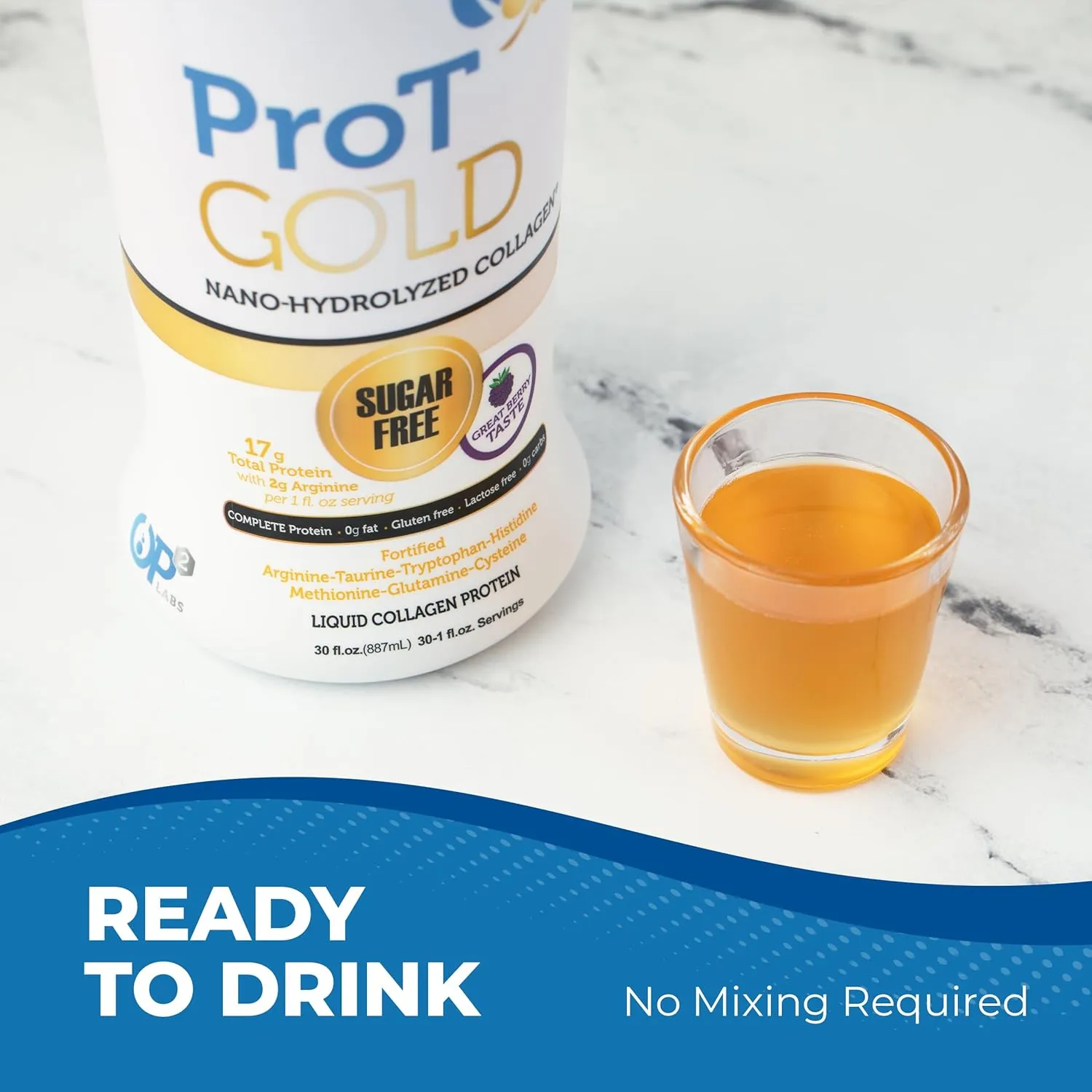 Liquid Collagen Protein Shot, 17g Clear Protein Nano-Hydrolyzed Grass Fed Collagen, 2g Arginine for Wound Support, Gluten Free, Sugar Free, 0g Carbs, Non GMO, Berry, 30 fl oz Bottle