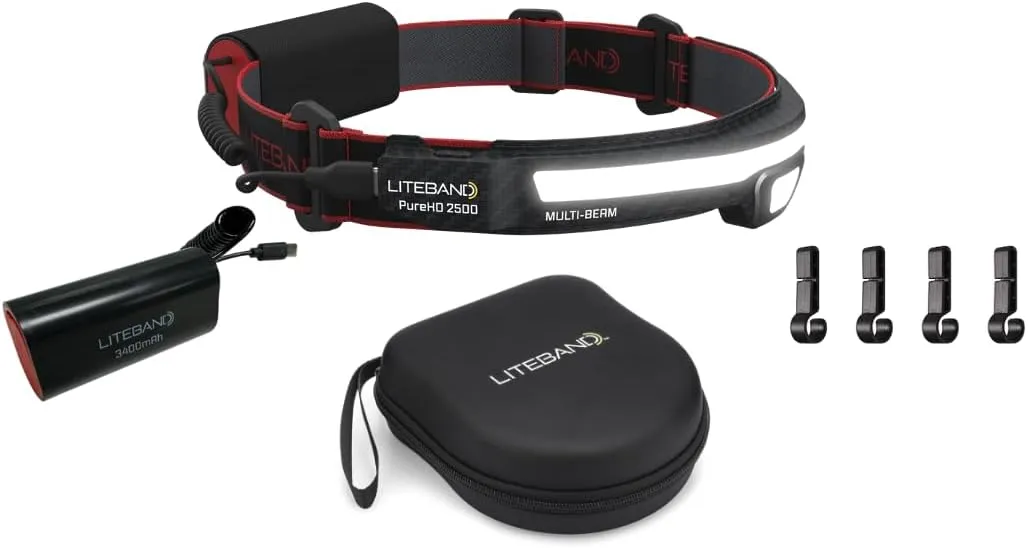 Liteband PRO Bundle 2500 Lumens LED Headlamp Rechargeable Battery Powered, Bright Tactical Head Lamp Flashlight Hard Hat Light, Mechanic Lamps, Camping, Running, Best Rated For Forehead, Carbon