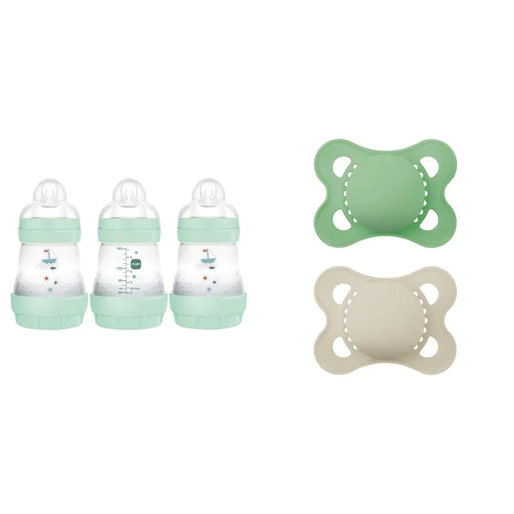 MAM Anti-Colic Baby Bottle 3 Pack with Slow Flow Nipple and MAM Original Baby Pacifier 2 Pack for 0-6 Months
