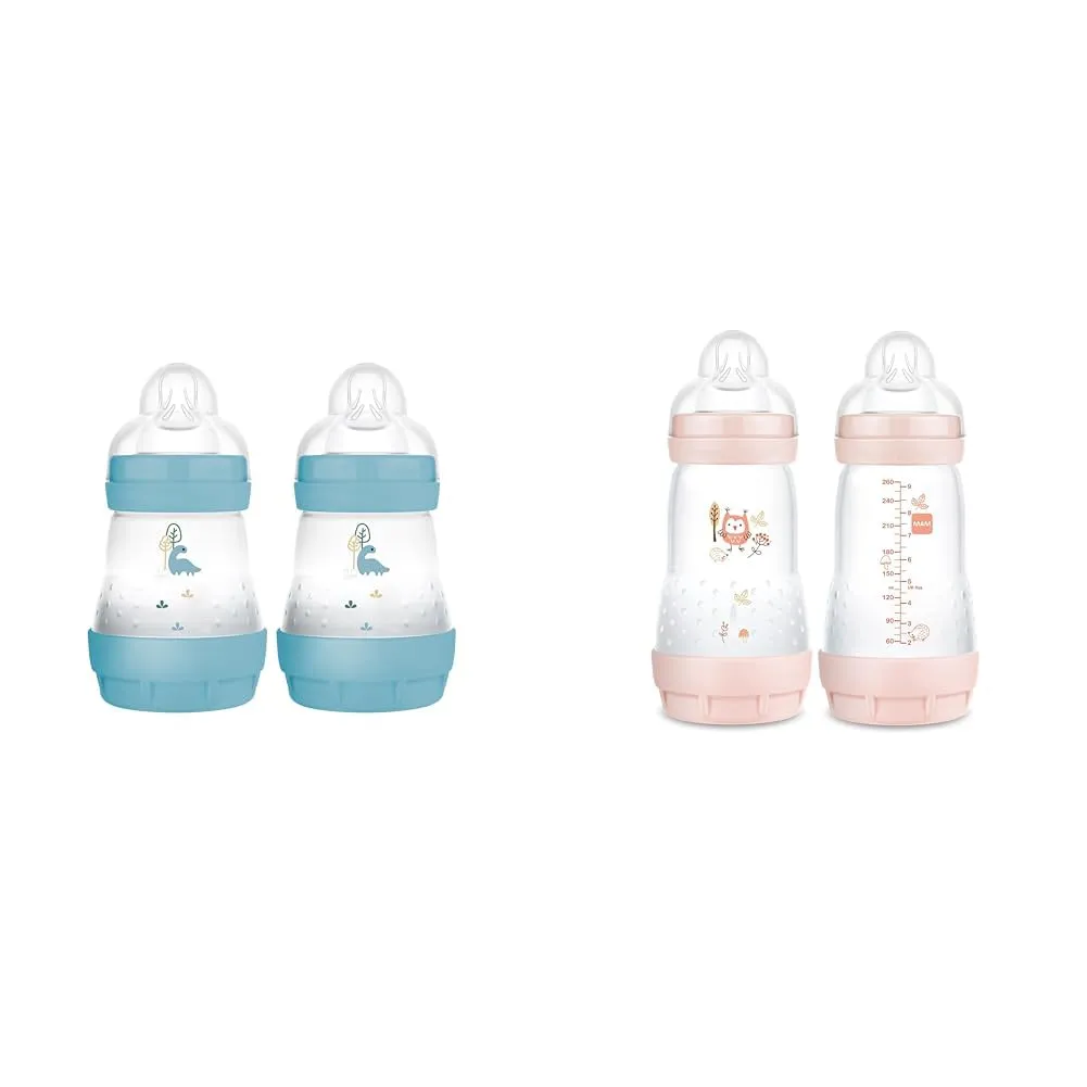 MAM Anti-Colic Baby Bottles, 5oz (2 Count) Slow Flow Nipples & 9oz (2 Count) Medium Flow Nipples