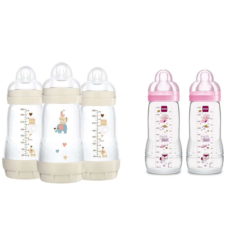 MAM Anti-Colic Baby Bottles, Easy Active Baby Bottles, 3-Count 9 oz and 11 oz, Silicone Nipples