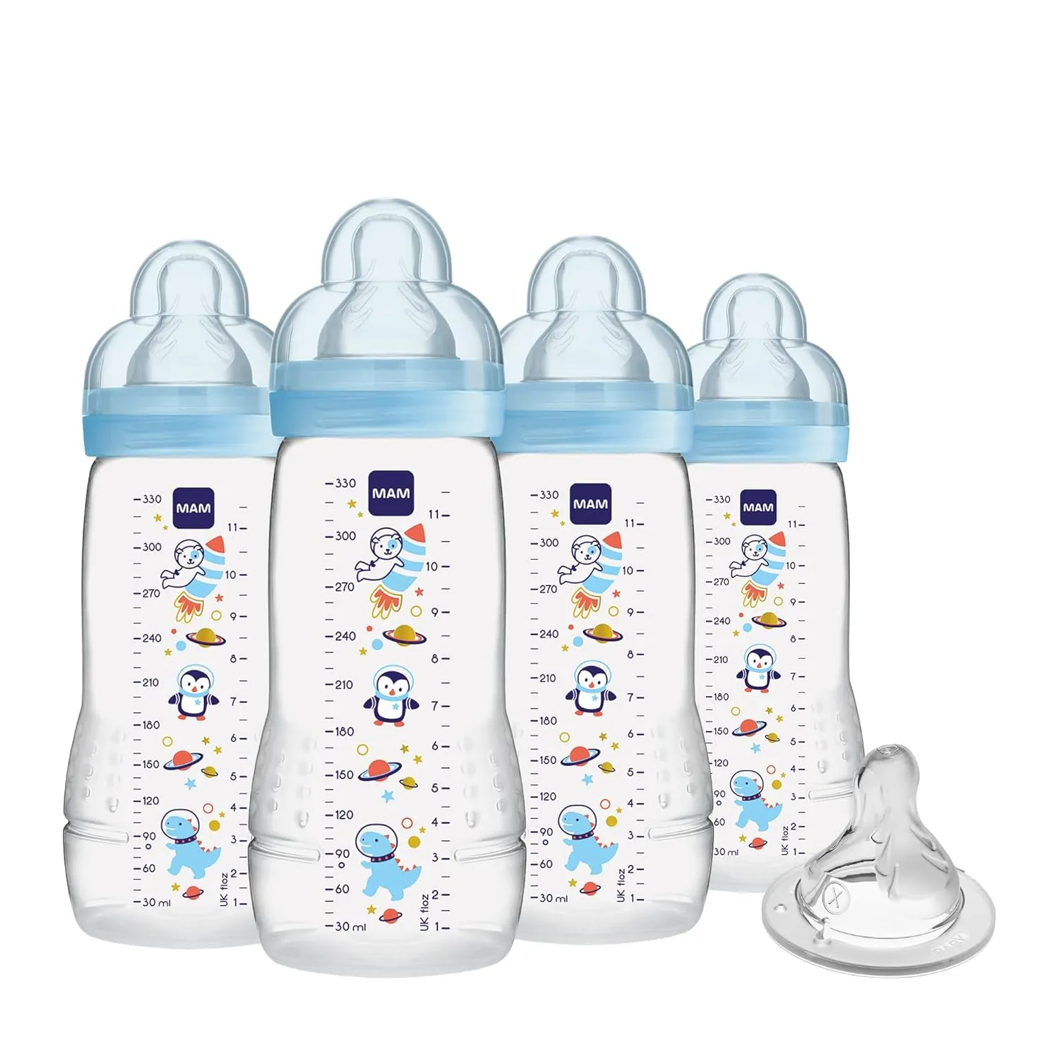 MAM Easy Active Baby Bottles 11 oz with Bonus Nipple, Fast Flow Skinsoft Silicone Nipple with Wide Neck Ergonomic Design, Easy to Hold, BPA-Free Bottles with Leak-Proof Caps for 4  Months Baby, Boy