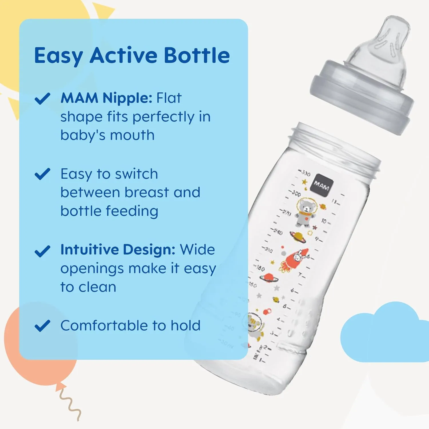 MAM Easy Active Baby Bottles 11 oz with Bonus Nipple, Fast Flow Skinsoft Silicone Nipple with Wide Neck Ergonomic Design, Easy to Hold, BPA-Free Bottles with Leak-Proof Caps for 4  Months Baby, Boy