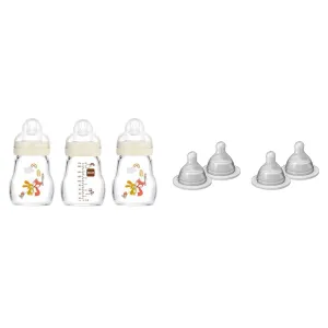 MAM Feel Good Slow Flow Premium Glass Bottle Bundle with Extra Slow Flow Nipples, 3 Bottles & 4 Nipples