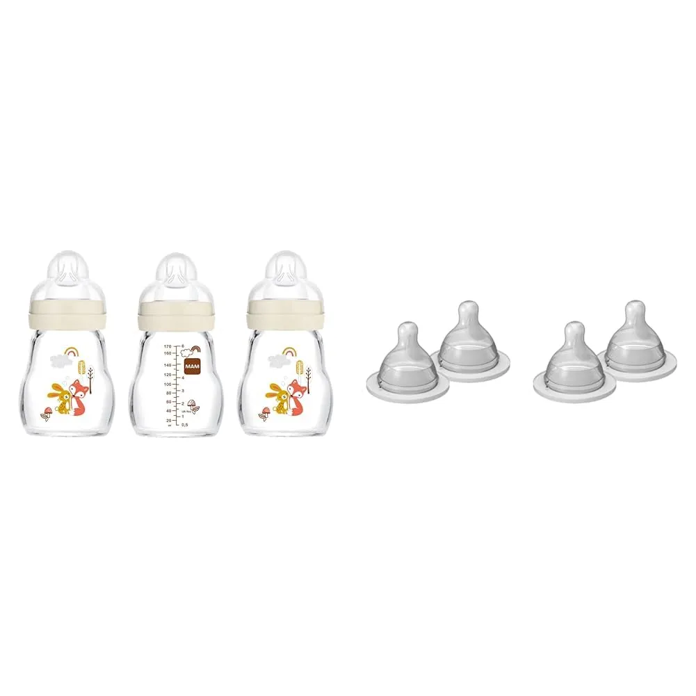 MAM Feel Good Slow Flow Premium Glass Bottle Bundle with Extra Slow Flow Nipples, 3 Bottles & 4 Nipples