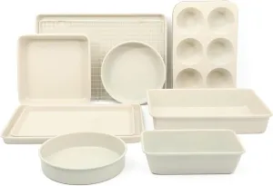 Martha Stewart Gallen 10 Piece Baking Pans Ceramic PFA Free Non Toxic Non Stick Bakeware Set - Linen White