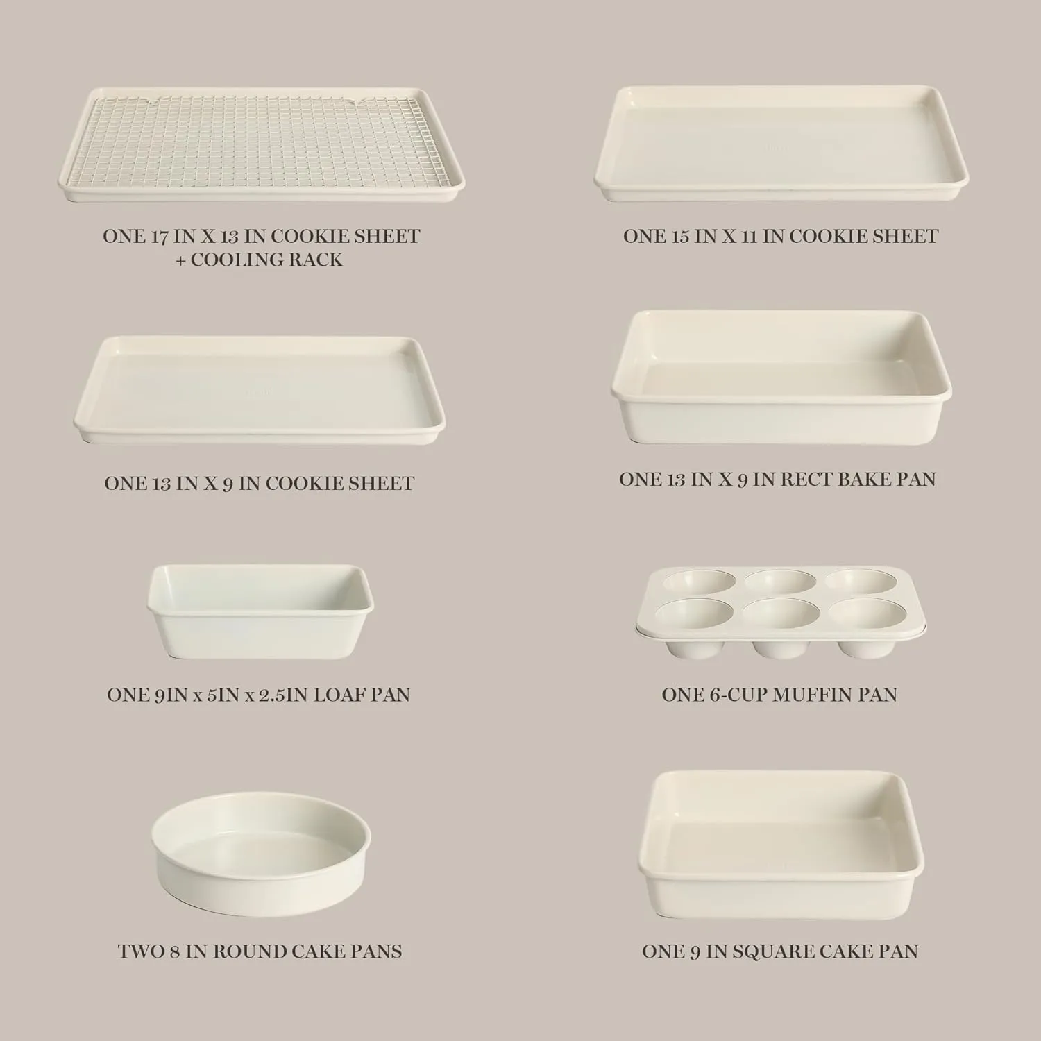 Martha Stewart Gallen 10 Piece Baking Pans Ceramic PFA Free Non Toxic Non Stick Bakeware Set - Linen White