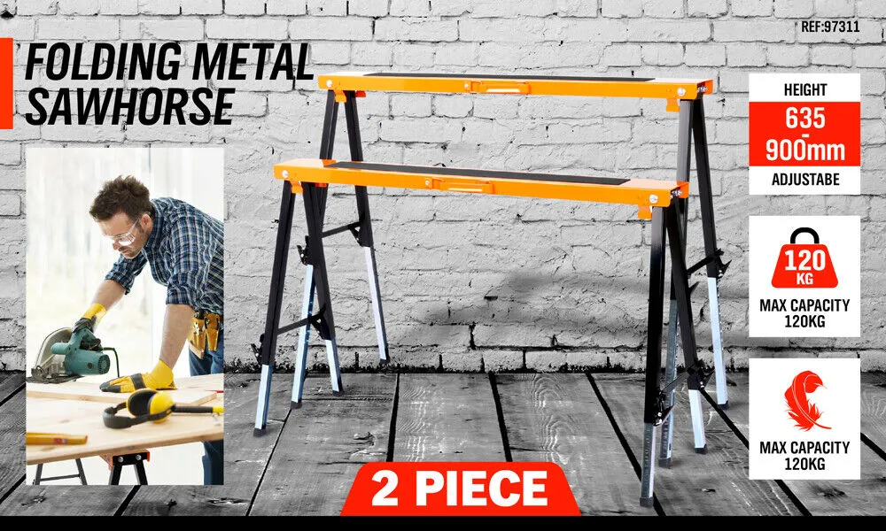 Mastercraft 2-Pack Folding Metal Sawhorse with Non-Slip Surface, 120KG Load