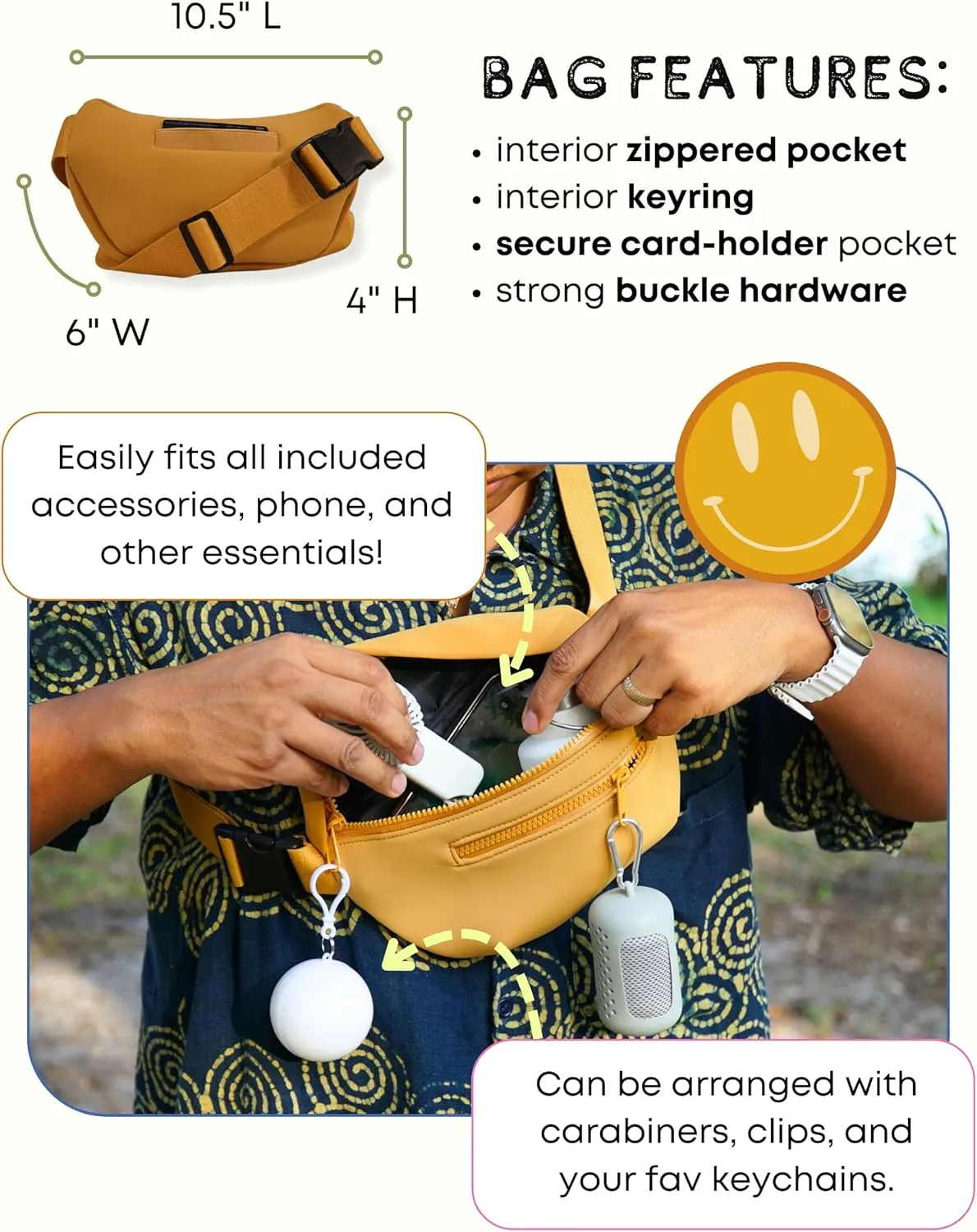 Maxie & Nova Theme Park Essentials Fanny Pack for Women -10 Pieces, Cruise Ship Essentials including USB Fan, Collapsible Water Bottle, Disposable Ponchos, Cooling Towel, Silicone Straw - (Gold)