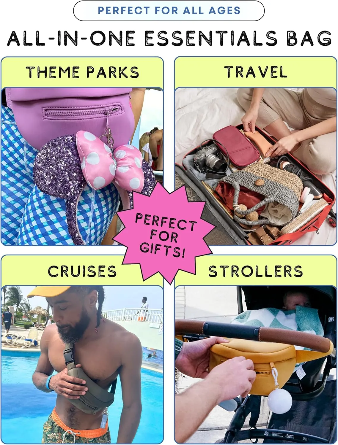 Maxie & Nova Theme Park Essentials Fanny Pack for Women -10 Pieces, Cruise Ship Essentials including USB Fan, Collapsible Water Bottle, Disposable Ponchos, Cooling Towel, Silicone Straw - (Gold)