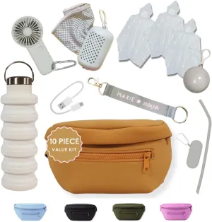 Maxie & Nova Theme Park Essentials Fanny Pack for Women -10 Pieces, Cruise Ship Essentials including USB Fan, Collapsible Water Bottle, Disposable Ponchos, Cooling Towel, Silicone Straw - (Gold)