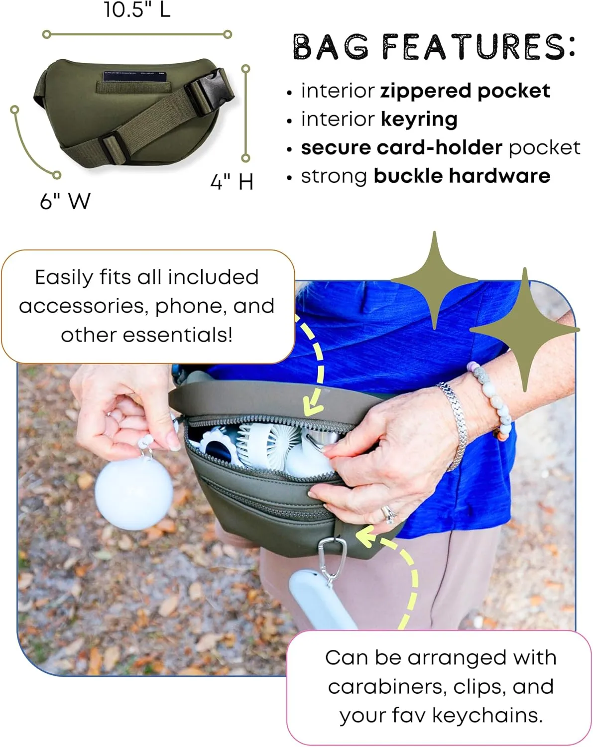 Maxie & Nova Theme Park Essentials Fanny Pack for Women -10 Pieces, Cruise Ship Essentials including USB Fan, Collapsible Water Bottle, Disposable Ponchos, Cooling Towel, Silicone Straw - (Green)