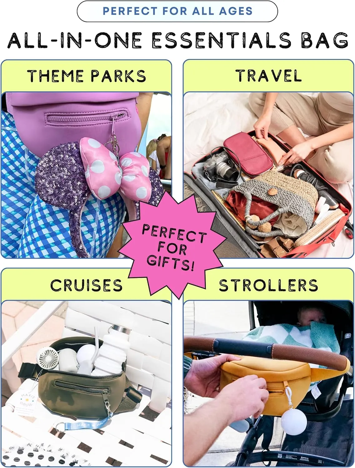 Maxie & Nova Theme Park Essentials Fanny Pack for Women -10 Pieces, Cruise Ship Essentials including USB Fan, Collapsible Water Bottle, Disposable Ponchos, Cooling Towel, Silicone Straw - (Green)