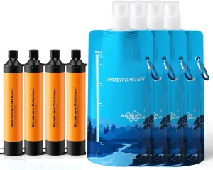 Membrane Solutions Squeezable Water Filtration System, Survival Water Purifier Kit, Portable Backpacking Gear Including Water Filter Straw and 23oz Collapsible Bottle for Hiking Camping Travel(4 4)