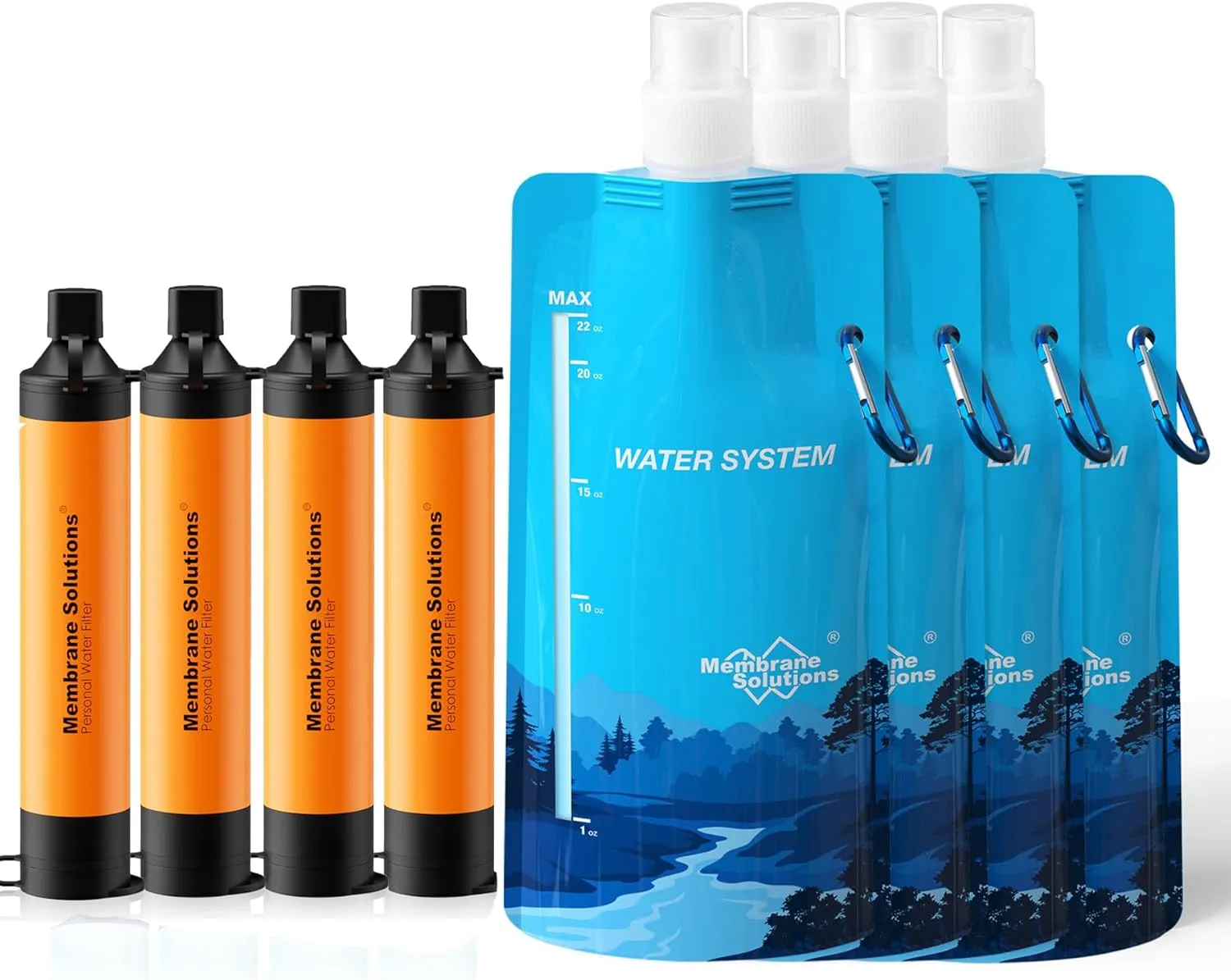 Membrane Solutions Squeezable Water Filtration System, Survival Water Purifier Kit, Portable Backpacking Gear Including Water Filter Straw and 23oz Collapsible Bottle for Hiking Camping Travel(4 4)