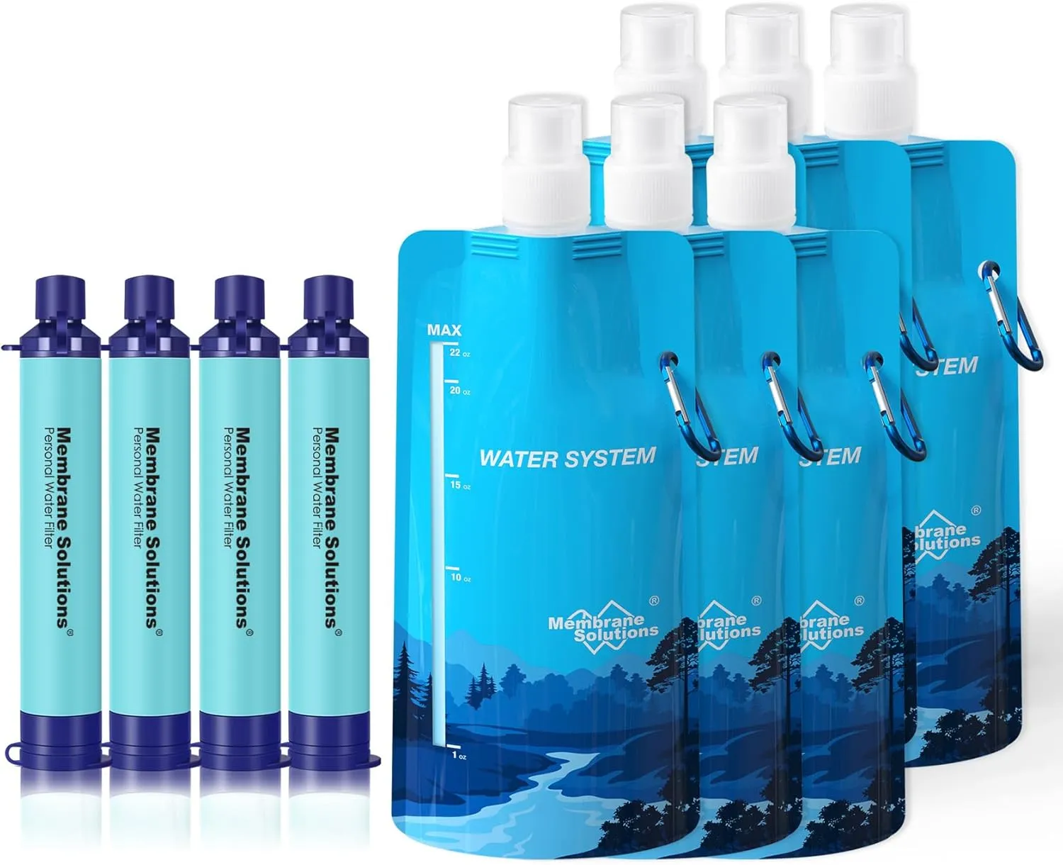 Membrane Solutions Squeeze Water Filtration System, Survival Water Purifier Kit, Portable Backpacking Gear for Hiking Camping Travel, 4 6 Piece Set