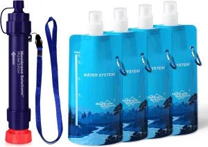 Membrane Solutions WS02 Detachable Water Filter Straw 1 Pack with 23oz Collapsible Squeezable Water Pouch (Set of 4)
