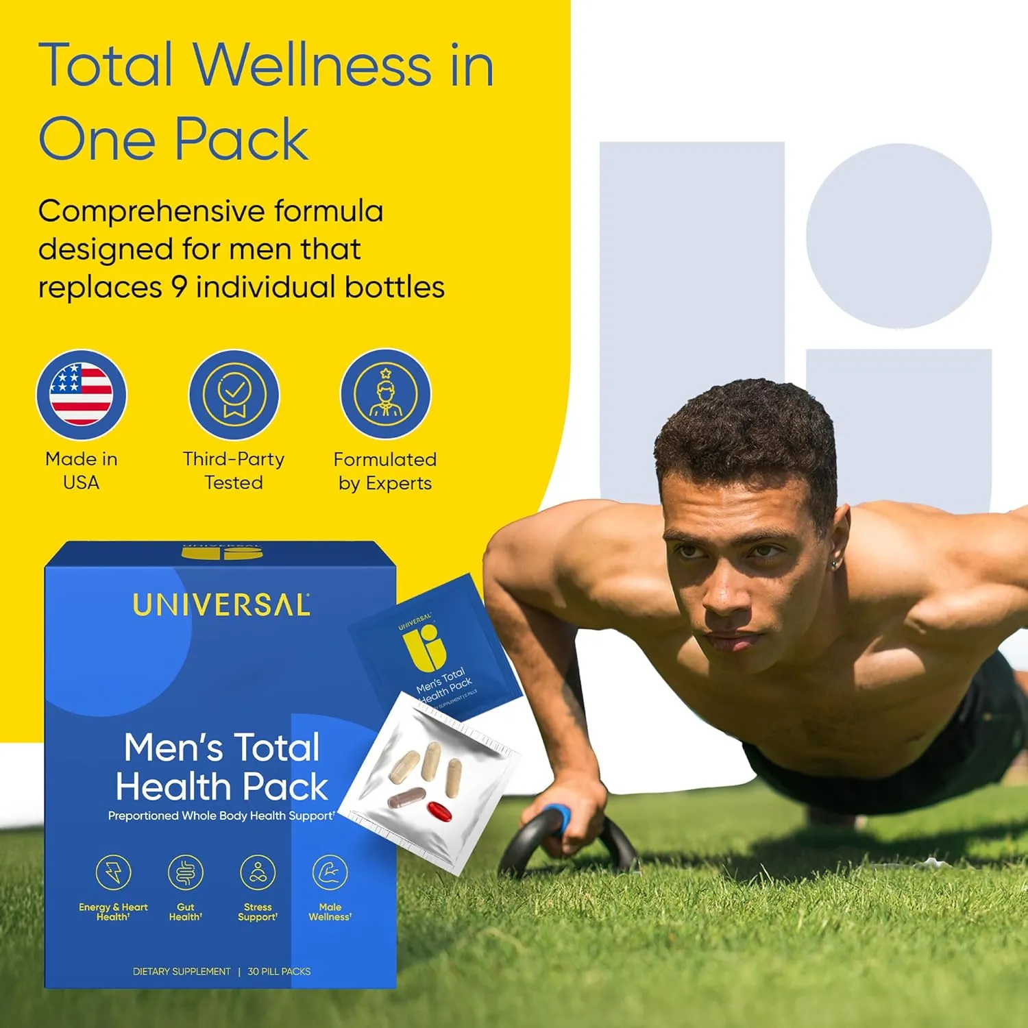 Men's Total Health Daily Vitamin Packs - 22 Essential Minerals & Vitamins for Men, All-in-One Multivitamin Supplement for Energy, Stress Support, Heart, Gut Health with Krill Oil, Adaptogens - 30 Pack
