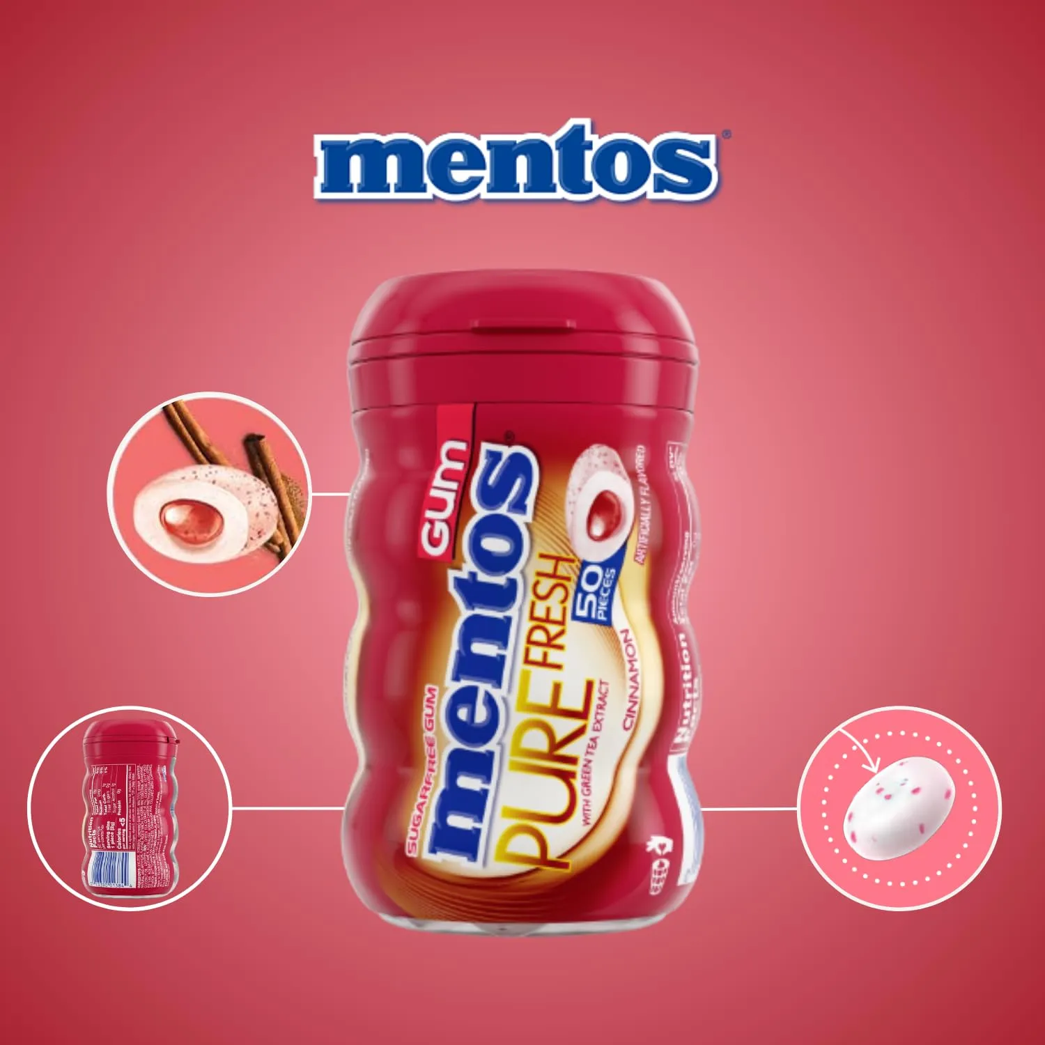 Mentos Pure Fresh Sugar Free Chewing Gum with Xylitol, Cinnamon, Bulk, 50 Piece Bottle (Pack of 2)