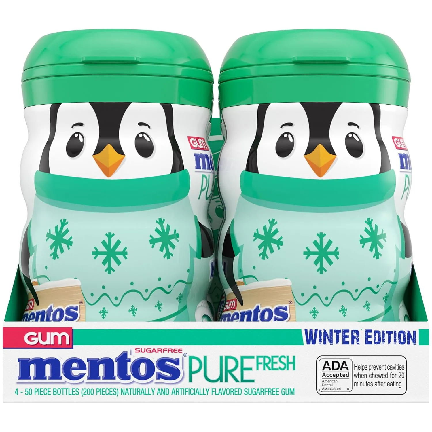 Mentos Pure Fresh Winter Edition Sugar-Free Chewing Gum with Xylitol, Spearmint, Holiday, Penguin Bottle, 50 Piece Bottle (Bulk Pack of 4)
