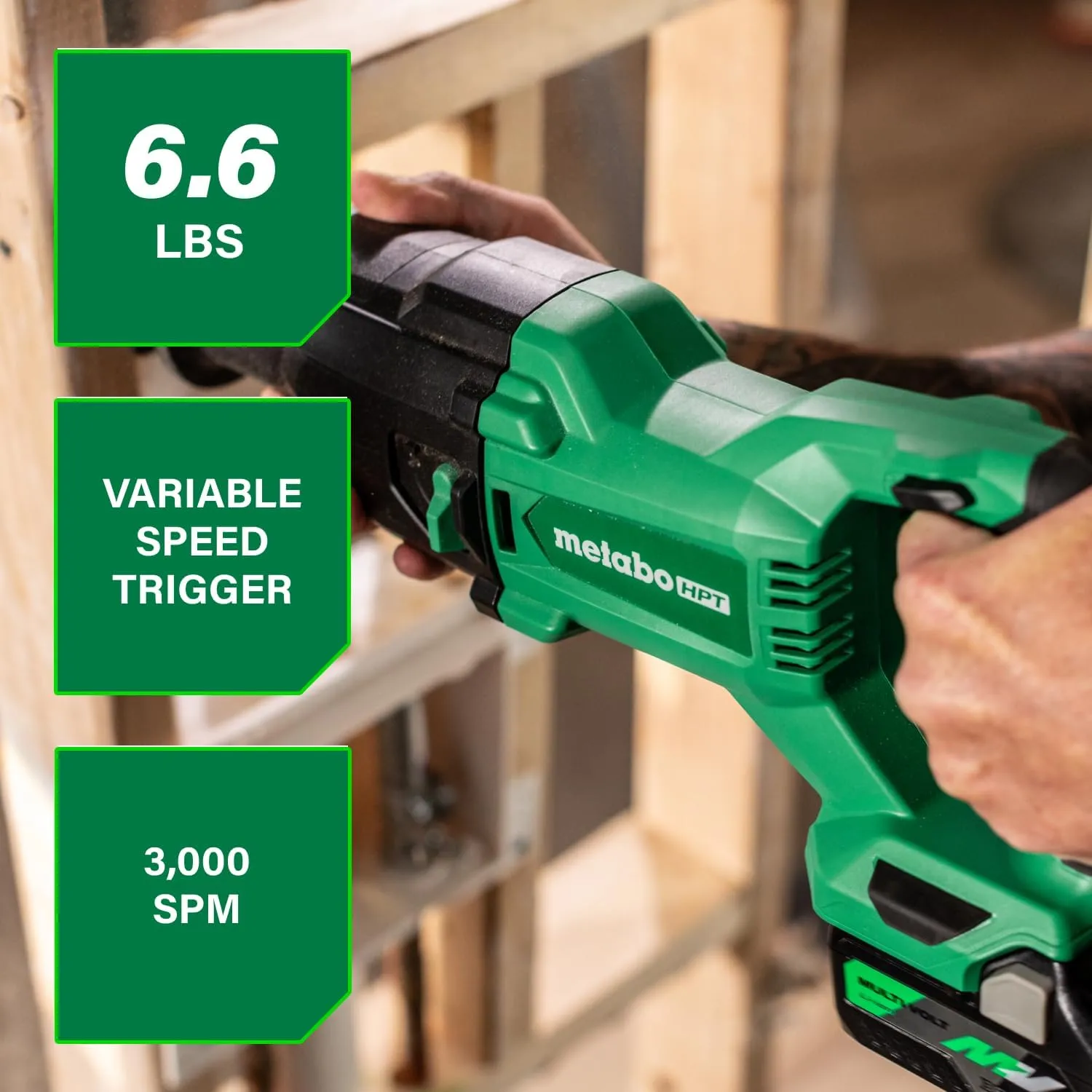 Metabo HPT 18V MultiVolt Cordless Reciprocating Saw, Orbital Cut Mode, 36% Less Vibration, 1-1/8" Stroke Length, 3,000 SPM, LED Light, Tool Body Only, CR18DBQ4