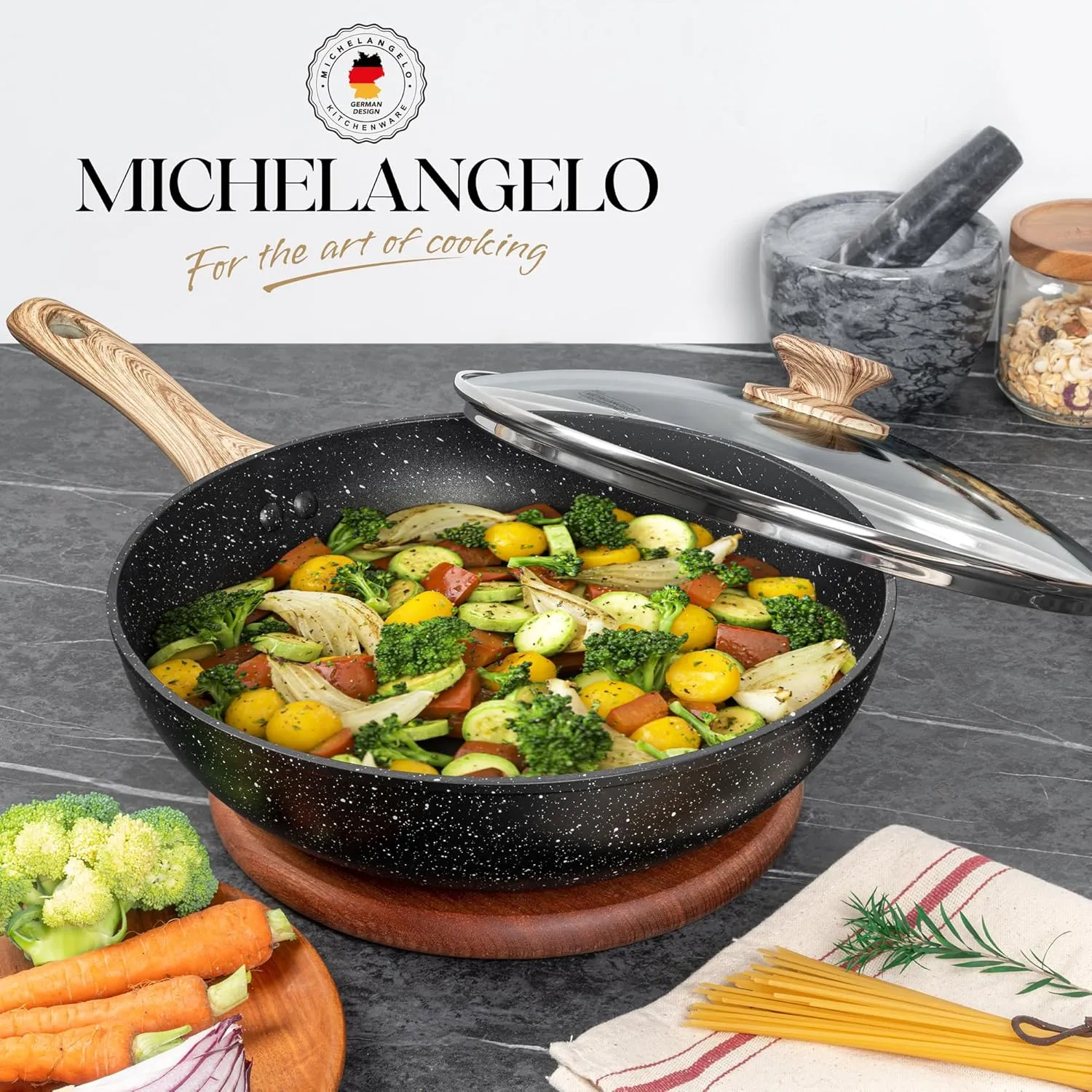 MICHELANGELO 12 Inch Wok Set - Woks & Stir-Fry Pans Nonstick Wok Pan with Lid, Induction Wok with Ergonomic Handle, Stainless Steel Steamer, Fryer Basket, Black