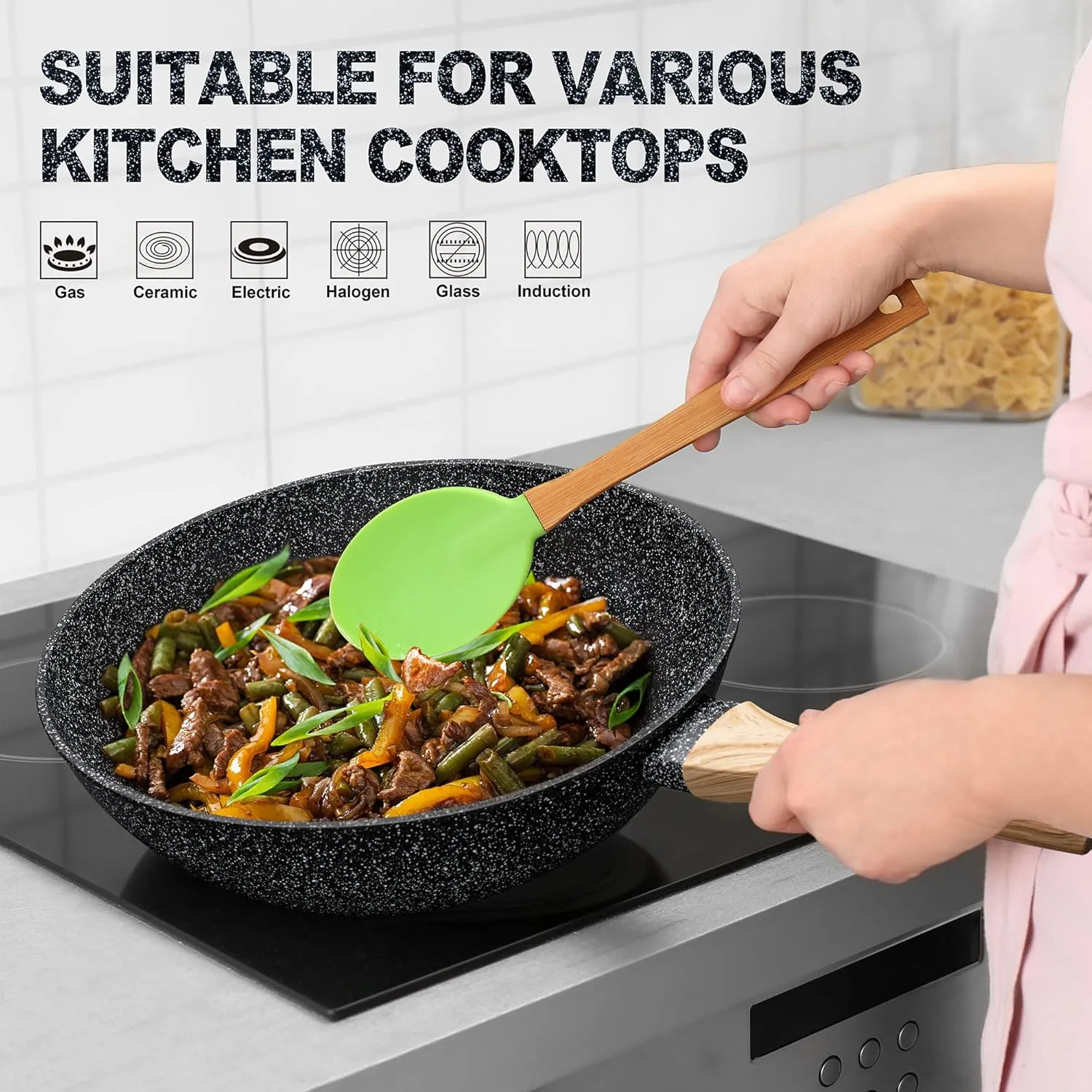 MICHELANGELO 12 Inch Wok Set - Woks & Stir-Fry Pans Nonstick Wok Pan with Lid, Induction Wok with Ergonomic Handle, Stainless Steel Steamer, Fryer Basket, Black