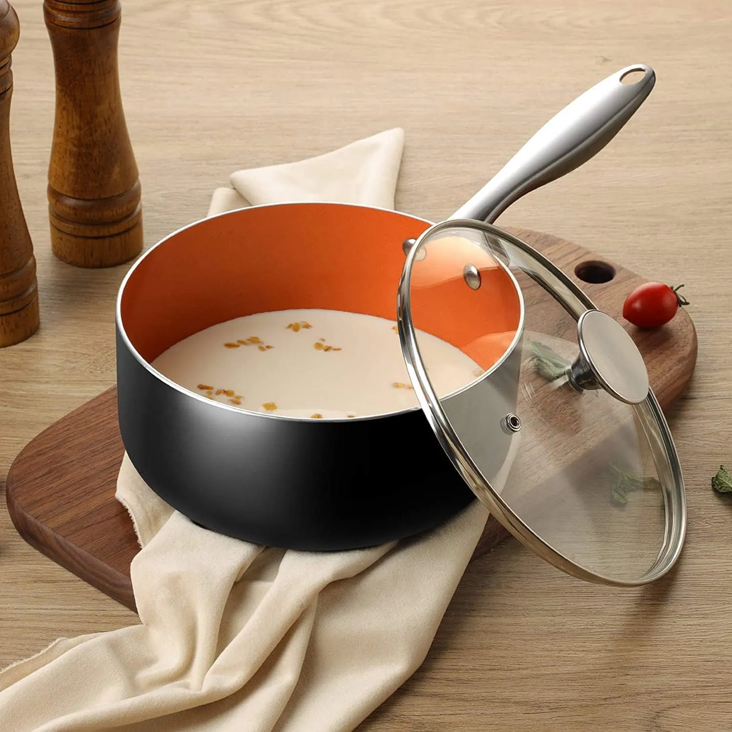 MICHELANGELO 3 Quart Saucepan with Lid, Ultra Nonstick Copper Sauce Pan with Lid, Small Pot with Lid, Ceramic Nonstick Saucepan, 3 Qt Small Pot for Cooking, Induction Compatible