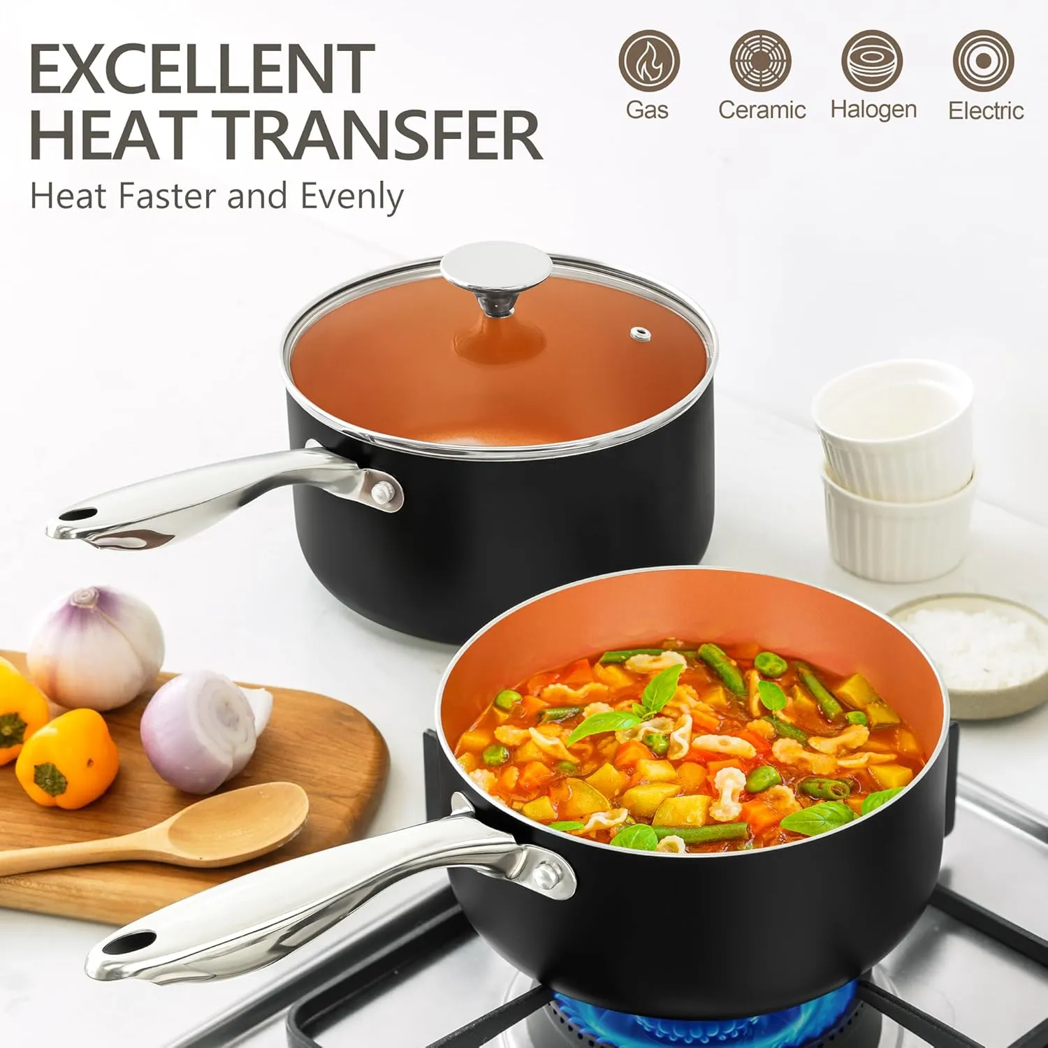 MICHELANGELO 3 Quart Saucepan with Lid, Ultra Nonstick Copper Sauce Pan with Lid, Small Pot with Lid, Ceramic Nonstick Saucepan, 3 Qt Small Pot for Cooking, Induction Compatible