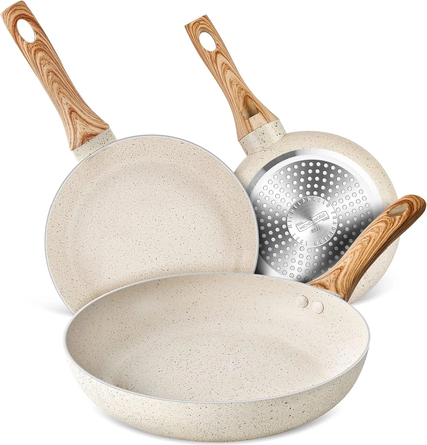 MICHELANGELO Granite Frying Pans, 8 Inch, 9.5 Inch and 11 Inch Nonstick Frying Pan Set with Anti-Scald Handle, White