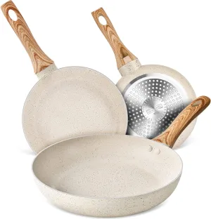 MICHELANGELO Granite Frying Pans, 8 Inch, 9.5 Inch and 11 Inch Nonstick Frying Pan Set with Anti-Scald Handle, White