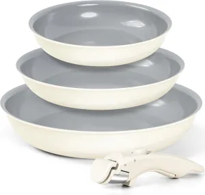 MICHELANGELO Nonstick Frying Pan Set Removable Handle, 8" 9.5" and 11" Ceramic Frying Pans, Skillets with Detachable Handle, Non Toxic Pans for Cooking, PFOA Free, Oven Safe, Beige