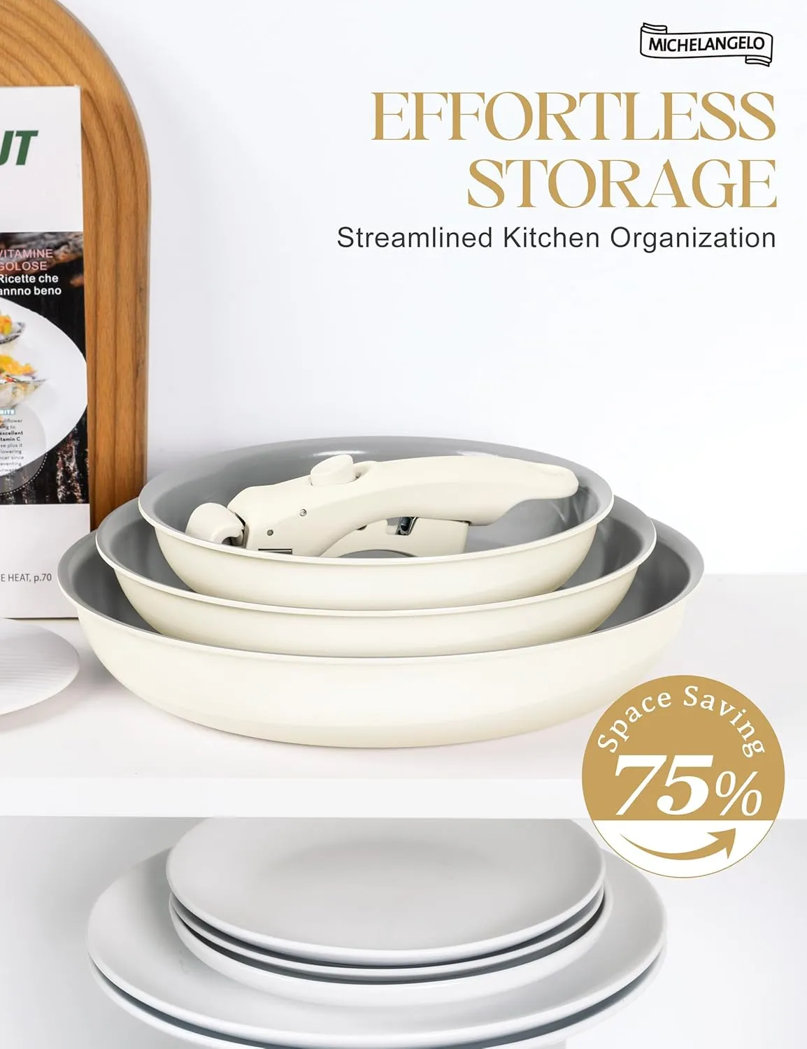 MICHELANGELO Nonstick Frying Pan Set Removable Handle, 8" 9.5" and 11" Ceramic Frying Pans, Skillets with Detachable Handle, Non Toxic Pans for Cooking, PFOA Free, Oven Safe, Beige
