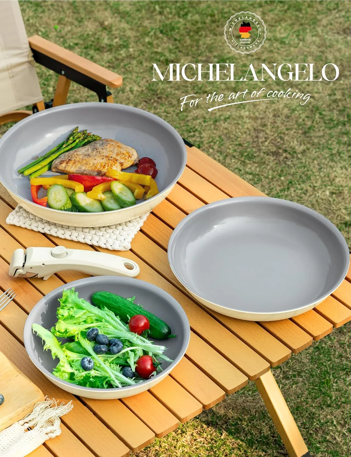 MICHELANGELO Nonstick Frying Pan Set Removable Handle, 8" 9.5" and 11" Ceramic Frying Pans, Skillets with Detachable Handle, Non Toxic Pans for Cooking, PFOA Free, Oven Safe, Beige