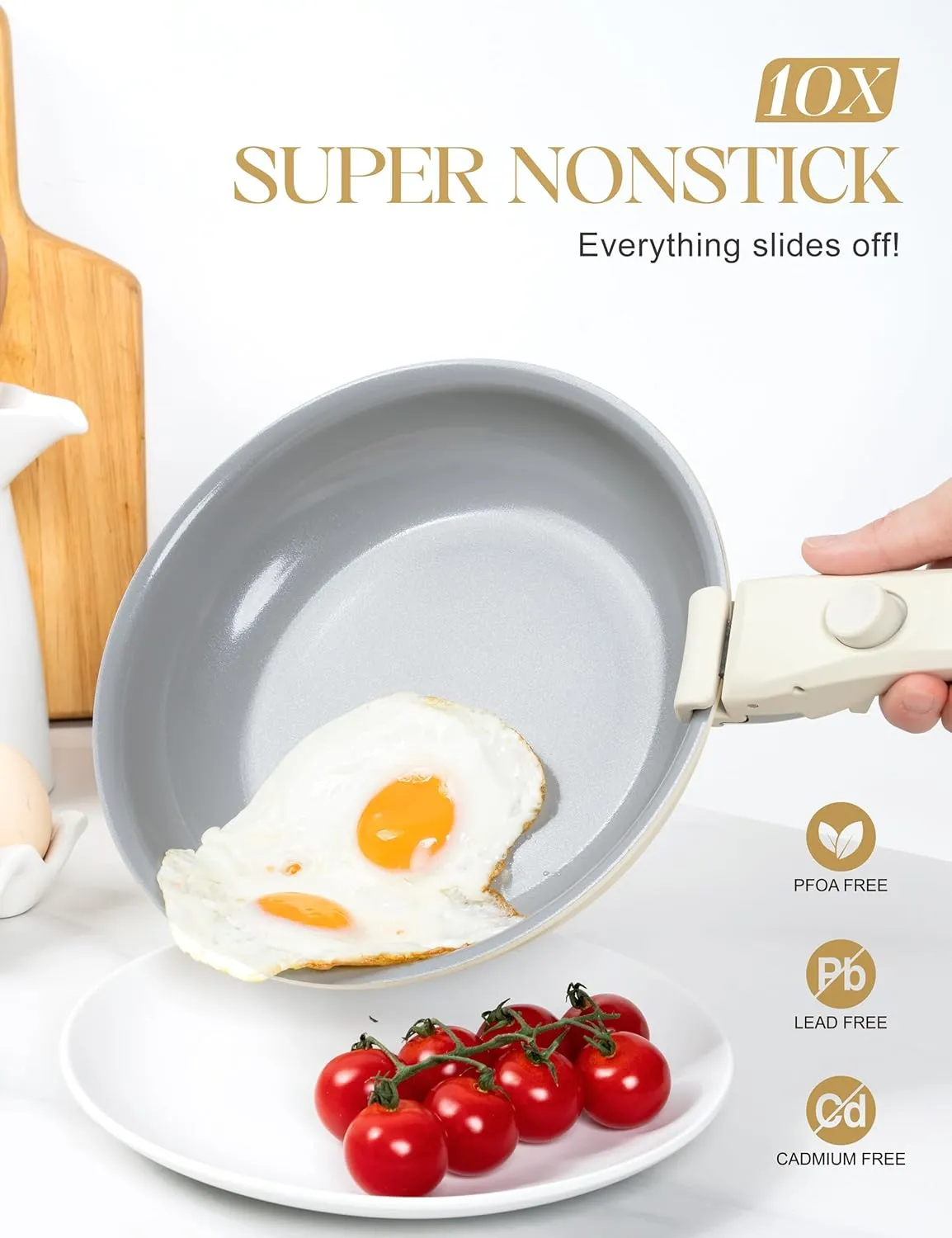 MICHELANGELO Nonstick Frying Pan Set Removable Handle, 8" 9.5" and 11" Ceramic Frying Pans, Skillets with Detachable Handle, Non Toxic Pans for Cooking, PFOA Free, Oven Safe, Beige