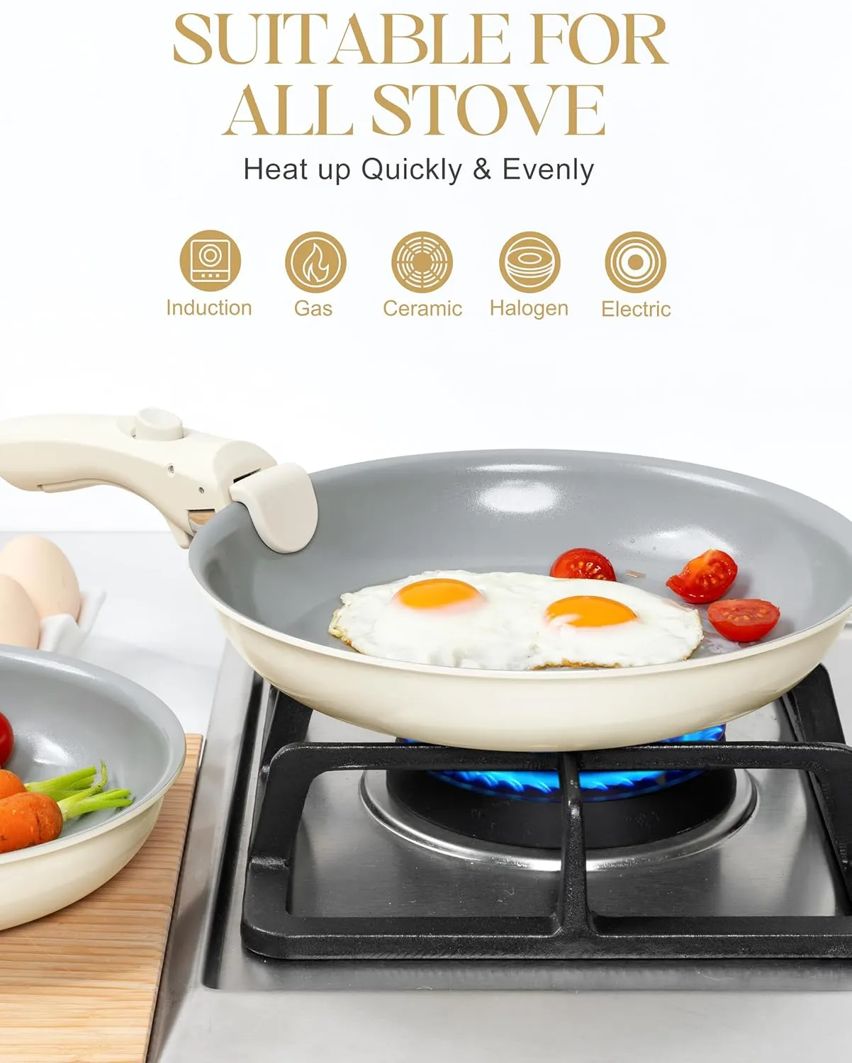 MICHELANGELO Nonstick Frying Pan Set Removable Handle, 8" 9.5" and 11" Ceramic Frying Pans, Skillets with Detachable Handle, Non Toxic Pans for Cooking, PFOA Free, Oven Safe, Beige