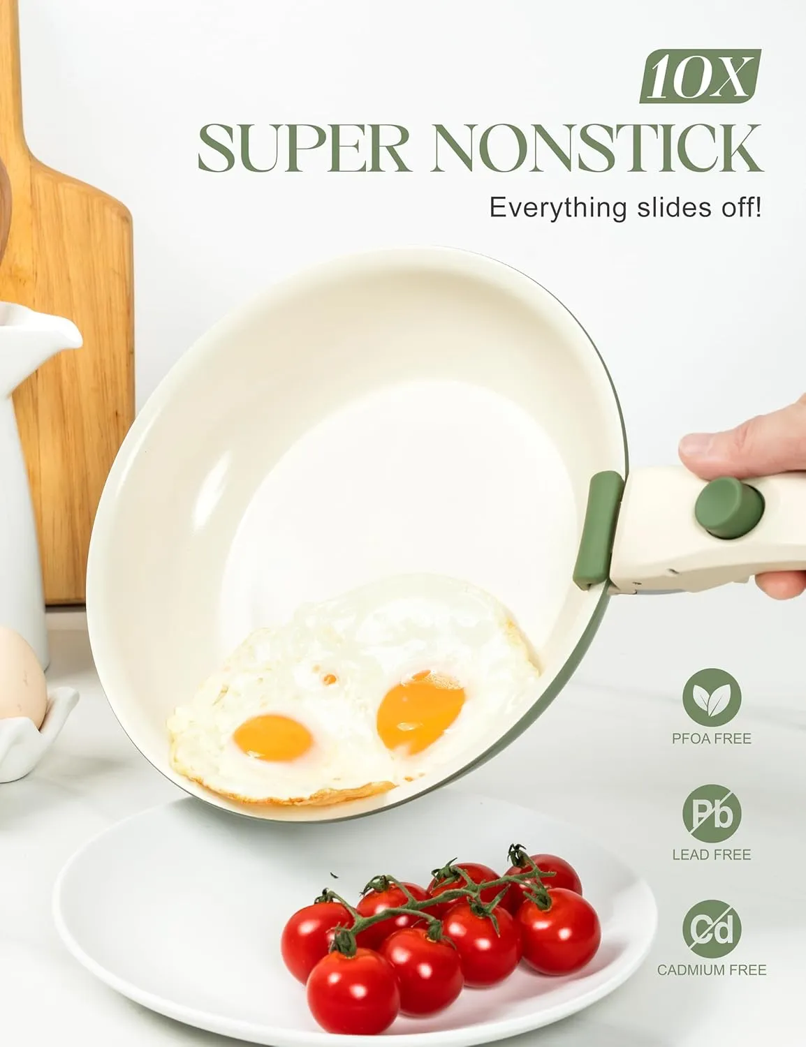 MICHELANGELO Nonstick Frying Pan Set Removable Handle, 8" 9.5" and 11" Ceramic Frying Pans, Skillets with Detachable Handle, Non Toxic Pans for Cooking, PFOA Free, Oven Safe, Green