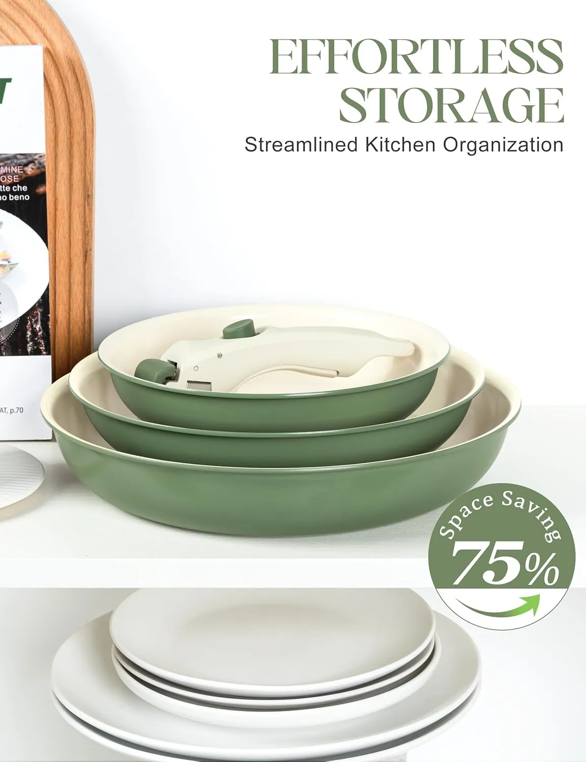 MICHELANGELO Nonstick Frying Pan Set Removable Handle, 8" 9.5" and 11" Ceramic Frying Pans, Skillets with Detachable Handle, Non Toxic Pans for Cooking, PFOA Free, Oven Safe, Green
