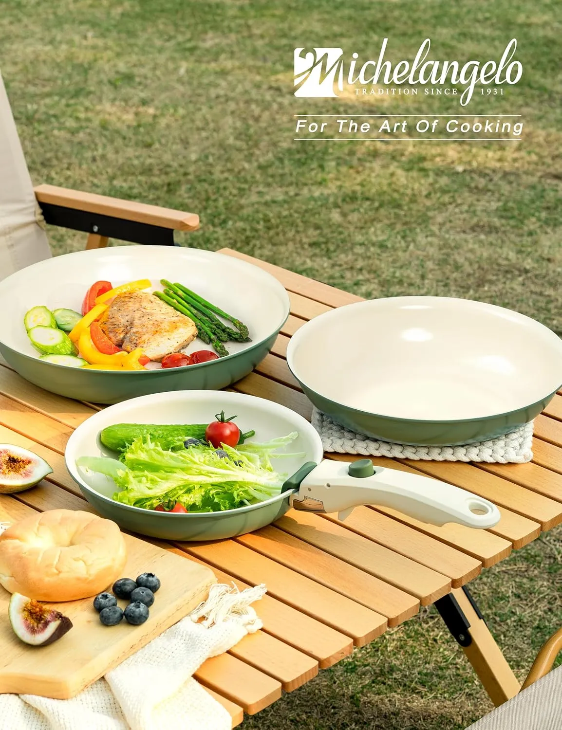 MICHELANGELO Nonstick Frying Pan Set Removable Handle, 8" 9.5" and 11" Ceramic Frying Pans, Skillets with Detachable Handle, Non Toxic Pans for Cooking, PFOA Free, Oven Safe, Green
