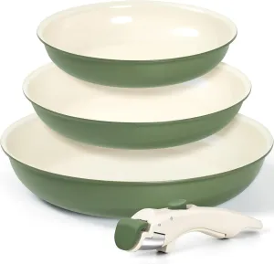 MICHELANGELO Nonstick Frying Pan Set Removable Handle, 8" 9.5" and 11" Ceramic Frying Pans, Skillets with Detachable Handle, Non Toxic Pans for Cooking, PFOA Free, Oven Safe, Green