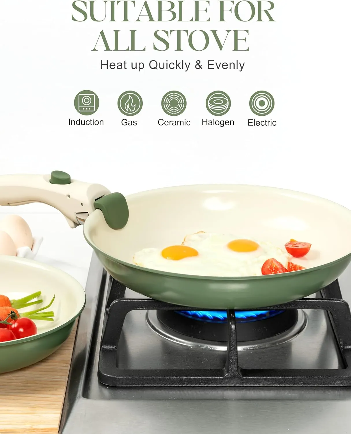 MICHELANGELO Nonstick Frying Pan Set Removable Handle, 8" 9.5" and 11" Ceramic Frying Pans, Skillets with Detachable Handle, Non Toxic Pans for Cooking, PFOA Free, Oven Safe, Green