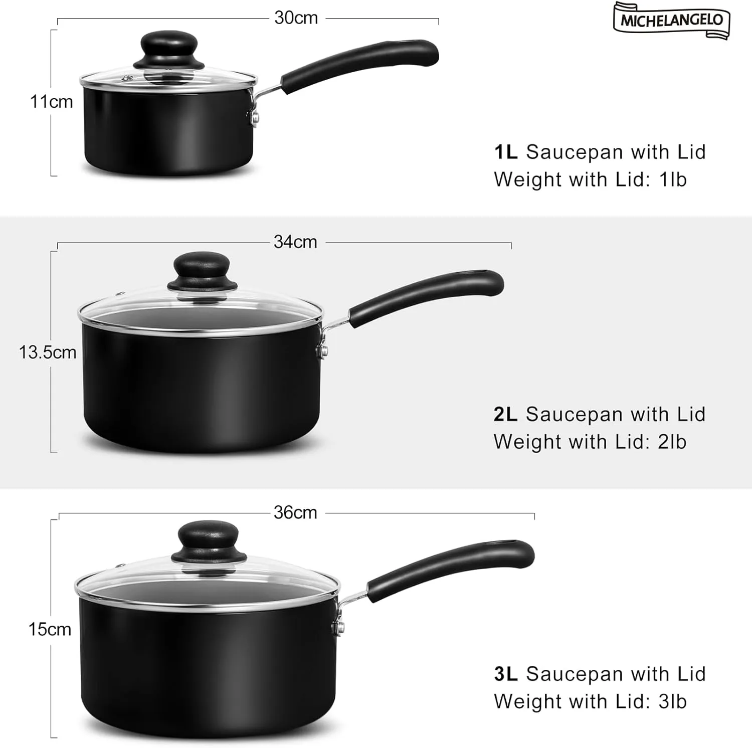 MICHELANGELO Nonstick Saucepan with Lid, Ceramic Sauce Pan Sets, Easy to Clean Sauce Pans, Multi-Purpose Cooking Pots, 1QT & 2QT & 3QT, Black